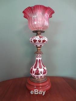 Antique Victorian (c1890) Cranberry Glass Overlay Oil Lamp-cranberry Glass Shade