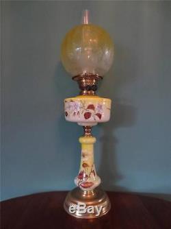 Antique Victorian (c1890) Cream & Yellow Glass Oil Lamp-fine Etched Globe Shade