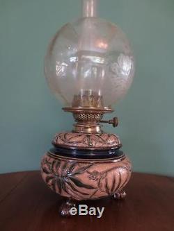 Antique Victorian (c1890) Doulton Ceramic Oil Lamp-fine Etched Globe Shade