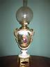 Antique Victorian (circa1870) Painted Porcelain Oil Lamp With Etched Glass Shade