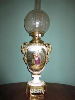 Antique Victorian (circa1870) Painted Porcelain Oil Lamp With Etched Glass Shade