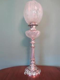 Antique Victorian(circa1880) Hinks Silver Peg Oil Lamp-etched Tulip Glass Shade