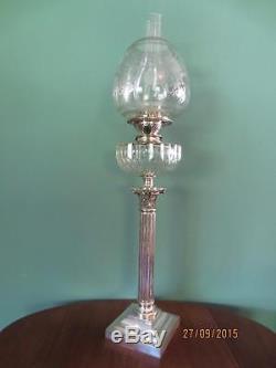 Antique Victorian(circa1890)hinks Silver & Cut Glass Oil Lamp-etched Tulip Shade
