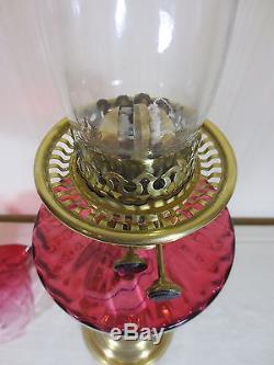 ANTIQUE VICTORIAN CRANBERRY DUPLEX OIL LAMP COMPLETE WITH ORIGINAL SHADE