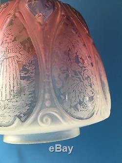 Antique Victorian Cranberry Etched Glass Oil Lampshade