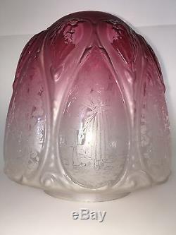 Antique Victorian Cranberry Etched Glass Oil Lampshade