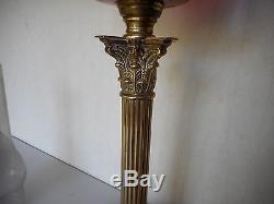 Antique Victorian Duplex Oil Lamp Brass Column Cranberry Font Holder Glass Shade