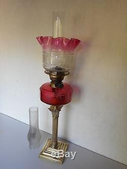 Antique Victorian Duplex Oil Lamp Brass Column Cranberry Font Holder Glass Shade