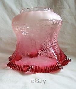 Antique Victorian Full Size Cranberry Acid Etched Duplex Oil Lamp Shade