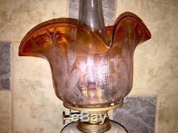 Antique Victorian Kerosene / Oil Banquet Lamp English 2 Burner Art Glass Shade