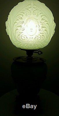 Antique Victorian Oil Banquet Gwtw Lamp Green Glass Angel Faces Electrified Vtg