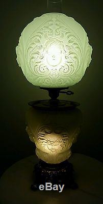 Antique Victorian Oil Banquet Gwtw Lamp Green Glass Angel Faces Electrified Vtg
