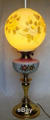 ANTIQUE VICTORIAN OIL Parlor Lamp GWTW Hand Painted ROSES SHADE ELECTRIFIED