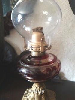 ANTIQUE VICTORIAN Rubby Glass BRITISH MADE OIL LAMP AND CHIMNEY Cast Iron Base