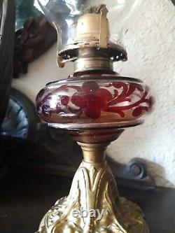 ANTIQUE VICTORIAN Rubby Glass BRITISH MADE OIL LAMP AND CHIMNEY Cast Iron Base