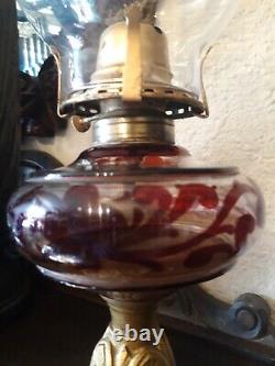 ANTIQUE VICTORIAN Rubby Glass BRITISH MADE OIL LAMP AND CHIMNEY Cast Iron Base