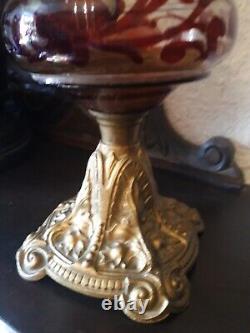 ANTIQUE VICTORIAN Rubby Glass BRITISH MADE OIL LAMP AND CHIMNEY Cast Iron Base