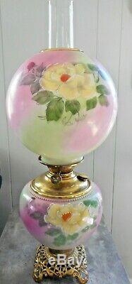 ANTIQUE VICTORIAN SUCCESS GONE -w-THE WIND OIL LAMP HP ROSES-25 TALL BEAUTIFUL