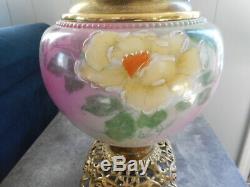 ANTIQUE VICTORIAN SUCCESS GONE -w-THE WIND OIL LAMP HP ROSES-25 TALL BEAUTIFUL