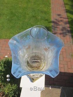ANTIQUE VICTORIAN VERITAS BLUE GLASS TULIP ACID ETCHED DUPLEX OIL LAMP SHADE