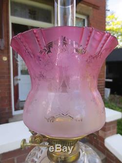 Antique Victorian Veritas Cranberry Acid Etched Tulip Duplex Oil Lamp Shade
