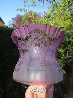 Antique Victorian Veritas Cranberry Acid Etched Tulip Duplex Oil Lamp Shade