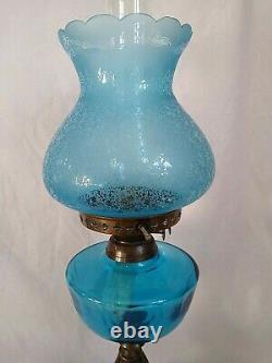 ANTIQUE Victorian BRASS Large ORNATE BLUE Glass Double Burner OIL LAMP VGC