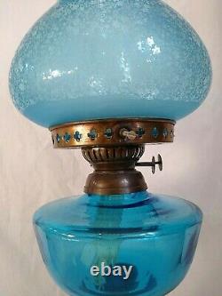 ANTIQUE Victorian BRASS Large ORNATE BLUE Glass Double Burner OIL LAMP VGC