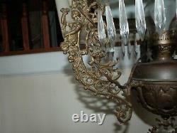 ANTIQUE Victorian Hanging Parlor Oil Lamp Prism Women Counterbalance Electrified