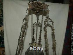 ANTIQUE Victorian Hanging Parlor Oil Lamp Prism Women Counterbalance Electrified