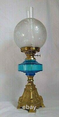 ANTIQUE Victorian Large BRASS BLUE &CLEAR Glass Double Burner OIL LAMP VGC