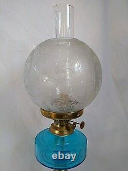 ANTIQUE Victorian Large BRASS BLUE &CLEAR Glass Double Burner OIL LAMP VGC