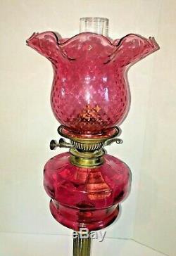 ANTIQUE Victorian OIL LAMP CRANBERRY OIL FONT & Ruffled Shade 24TALL