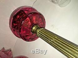 ANTIQUE Victorian OIL LAMP CRANBERRY OIL FONT & Ruffled Shade 24TALL