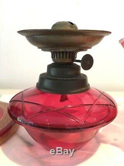 ANTIQUE cranberry glass oil lamp with gold greek key design and frilly shade