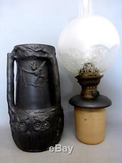 Amazing L Hjorth Denmark Art Pottery Oil Lamp Bats Owls Hinks Gothic Halloween