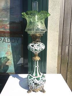 An Antique Victorian bohemian Green Overlay Oil Lamp
