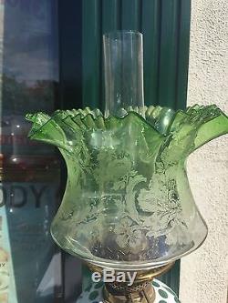 An Antique Victorian bohemian Green Overlay Oil Lamp