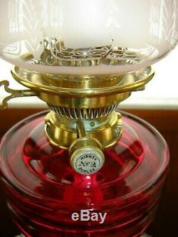 An Excellent Quality Victorian Cranberry Glass Hinks No 2 Oil Lamp