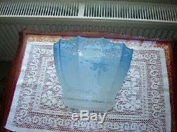 Another Superb Victorian Blue Etched Oil Lamp Shade