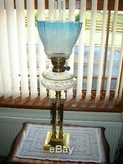 Another Superb Victorian Blue Etched Oil Lamp Shade
