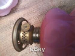 Antique 11 tall Victorian Pink Ombre Cased Glass Miniature Oil Lamp and Shade