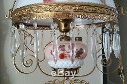 Antique 1800's Victorian Hanging Converted Oil Lamp Electric WithHanging Crystals