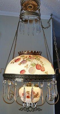 Antique 1800's Victorian Hanging Converted Oil Lamp Electric WithHanging Crystals
