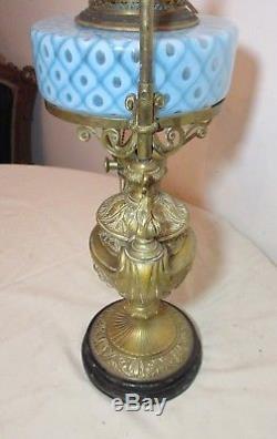 Antique 1800's ornate Victorian brass Murano glass student Harvard oil lamp