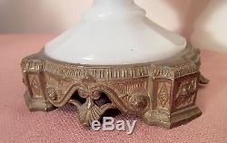 Antique 1800's ornate gilt bronze blown slag glass Victorian parlor oil lamp big