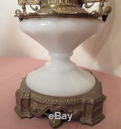 Antique 1800's ornate gilt bronze blown slag glass Victorian parlor oil lamp big