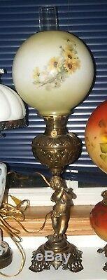 Antique 1890s CHERUB Playing Flute Base ROYAL GWTW Kerosene Oil Lamp With Shade