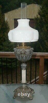 Antique 1890s Victorian Figural Pewter Banquet Oil Lamp Ornate Base 34