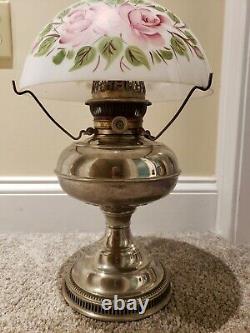 Antique 1905 RAYO Socony Victorian Nickel GWTW Kerosene Oil Table Lamp with Shade
